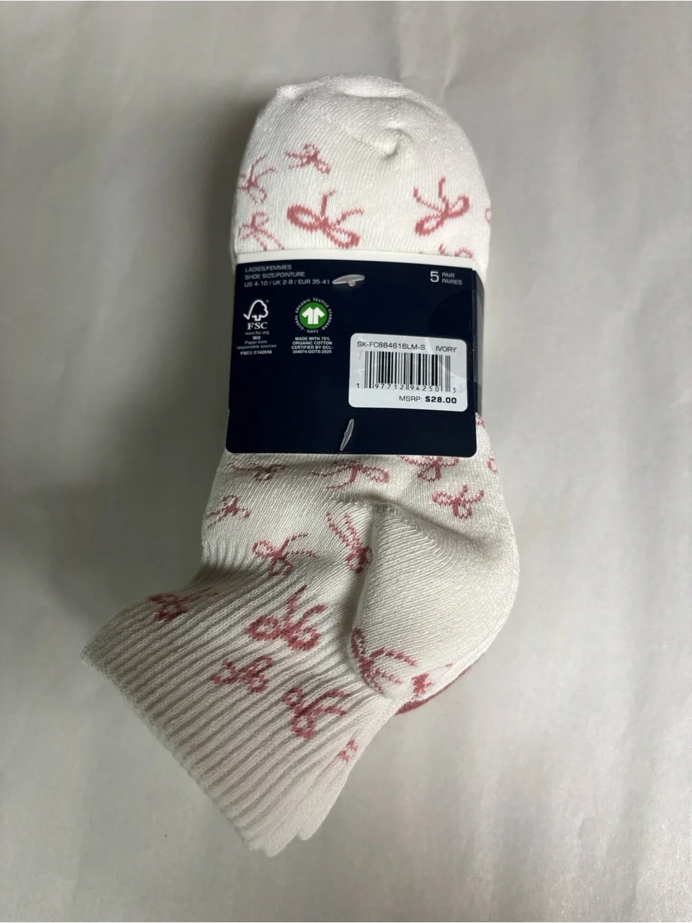 New French Connection Socks Women’s 5 Pair White & Pink Bear & Bows Quarter Sock
